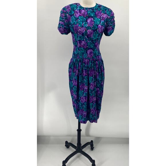 Vintage 80s Maggy London Silk Dress Ruched Sleeves Floral Printed Blue Womens 6 - Picture 3 of 10